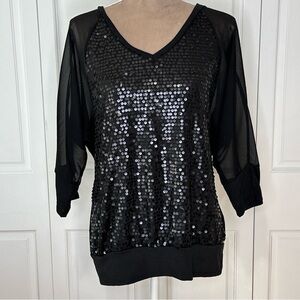 Lily White Sequined Sheer Sleeve Black V-neck Top Size Large 3/4 Sleeve Witchy
